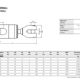 Tabellenübersicht über die WASI GTS Powerballs. Die verschiedenen technischen Daten über die verschiedenen Powerballs